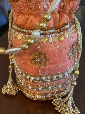 Peach hand embroidered Drawstring Clutch Bag